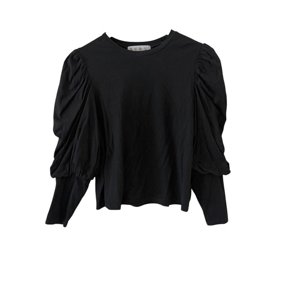 Buru Tops - BURU Puff Sleeve Tee Shirt Top Womens L Black Long Sleeve Crew Neck Jersey Knit